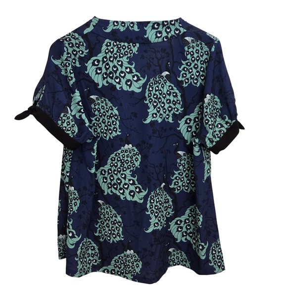 ModCloth x DuPENNY 1X Navy Blue Peacock Print V Neck Knot Sleeve Top Casual Chic - Picture 3 of 5